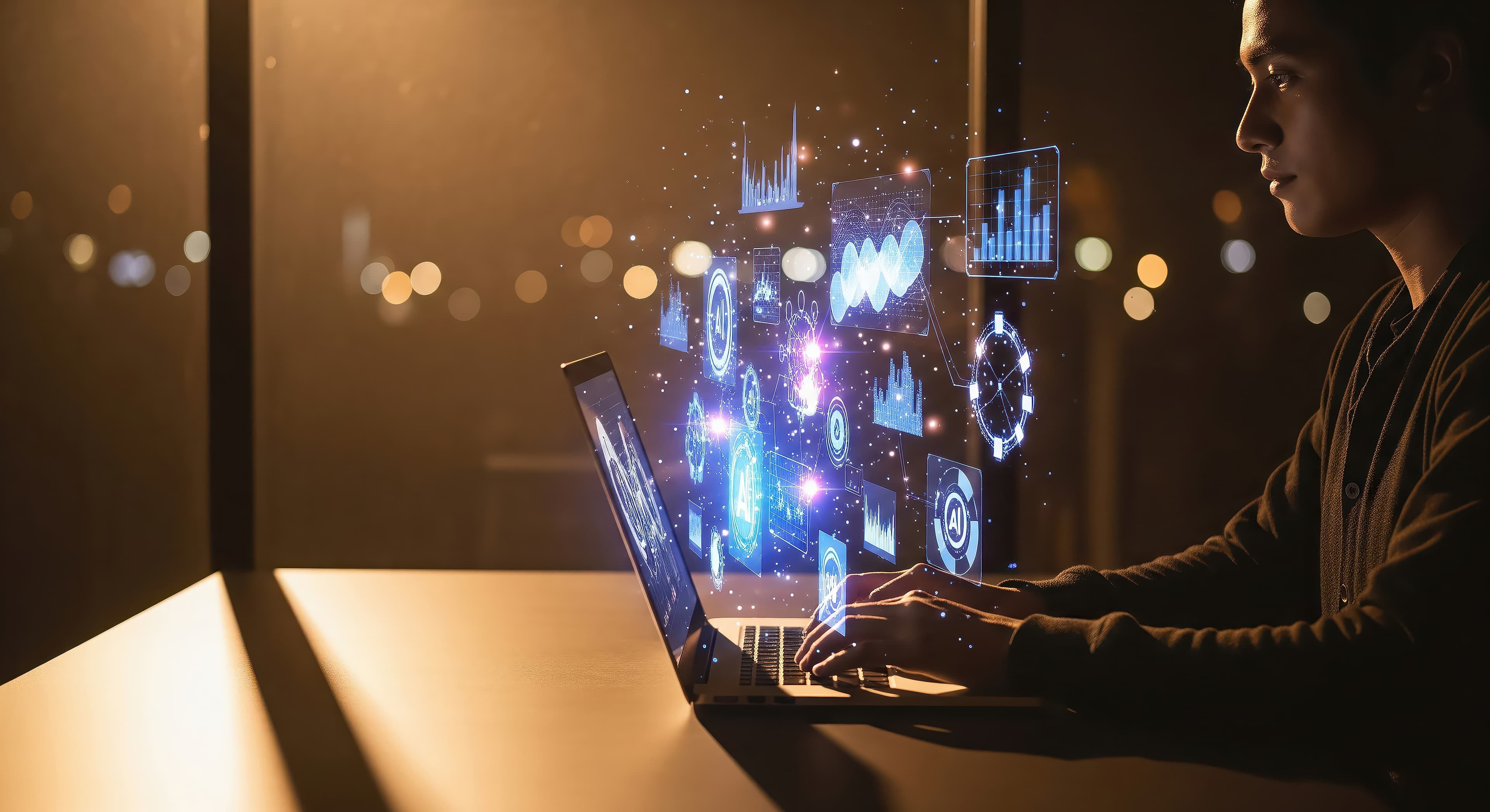 Representação da IA agêntica em 2026 — sistemas autônomos que planejam e executam tarefas em múltiplos passos sem supervisão humana constante, transformando operações empresariais