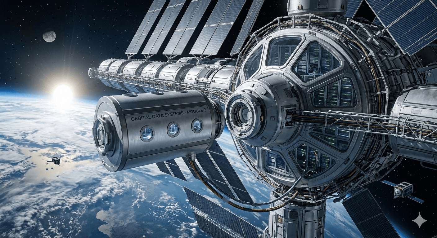 Representação dos gargalos físicos da IA em 2026: energia, chips, água, mão de obra, regulação e latência — e o projeto SpaceX AI1 de data centers orbitais como solução radical